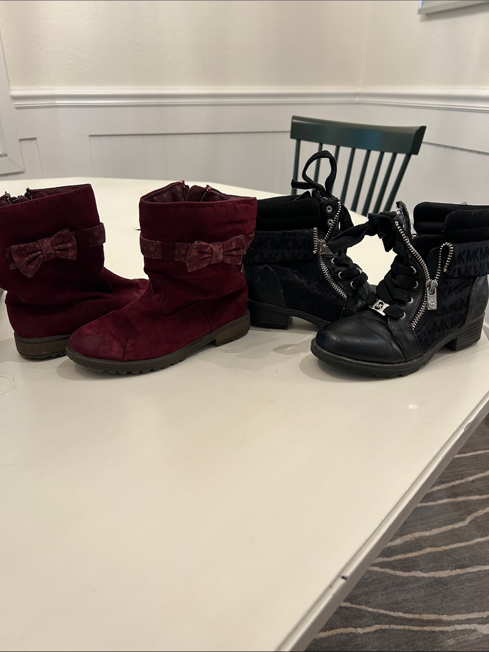 Burgundy Bow Suede Boots & Black MK Monogram Combat Boots - Set